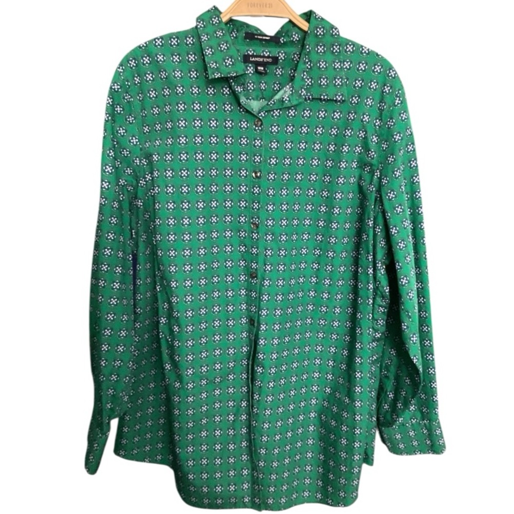 Lands' End Green Patterned Button Down Shirt